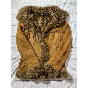 Express Shearling Leather Jacket 100% Lamb Fur Trim Suede Lt Brown Sz XS Flaws